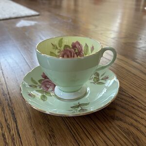 Vintage Teacup and Saucer 1940’s Mint Green Blooming Roses EB Foley England